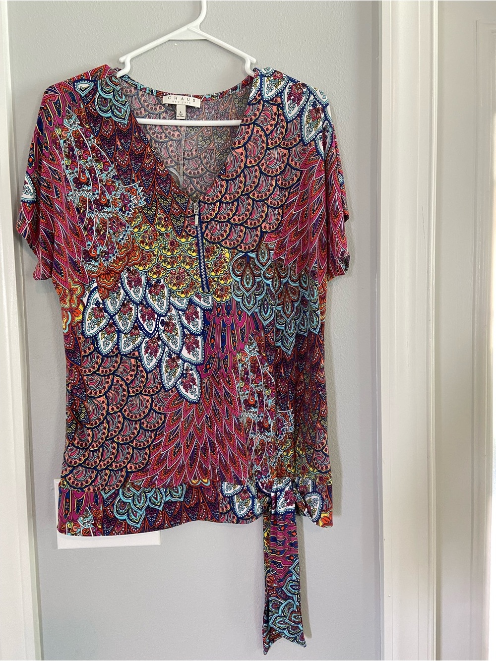 Chaus Multicolor Paisley Print Short Sleeve Blouse - Pink, Blue, Red
